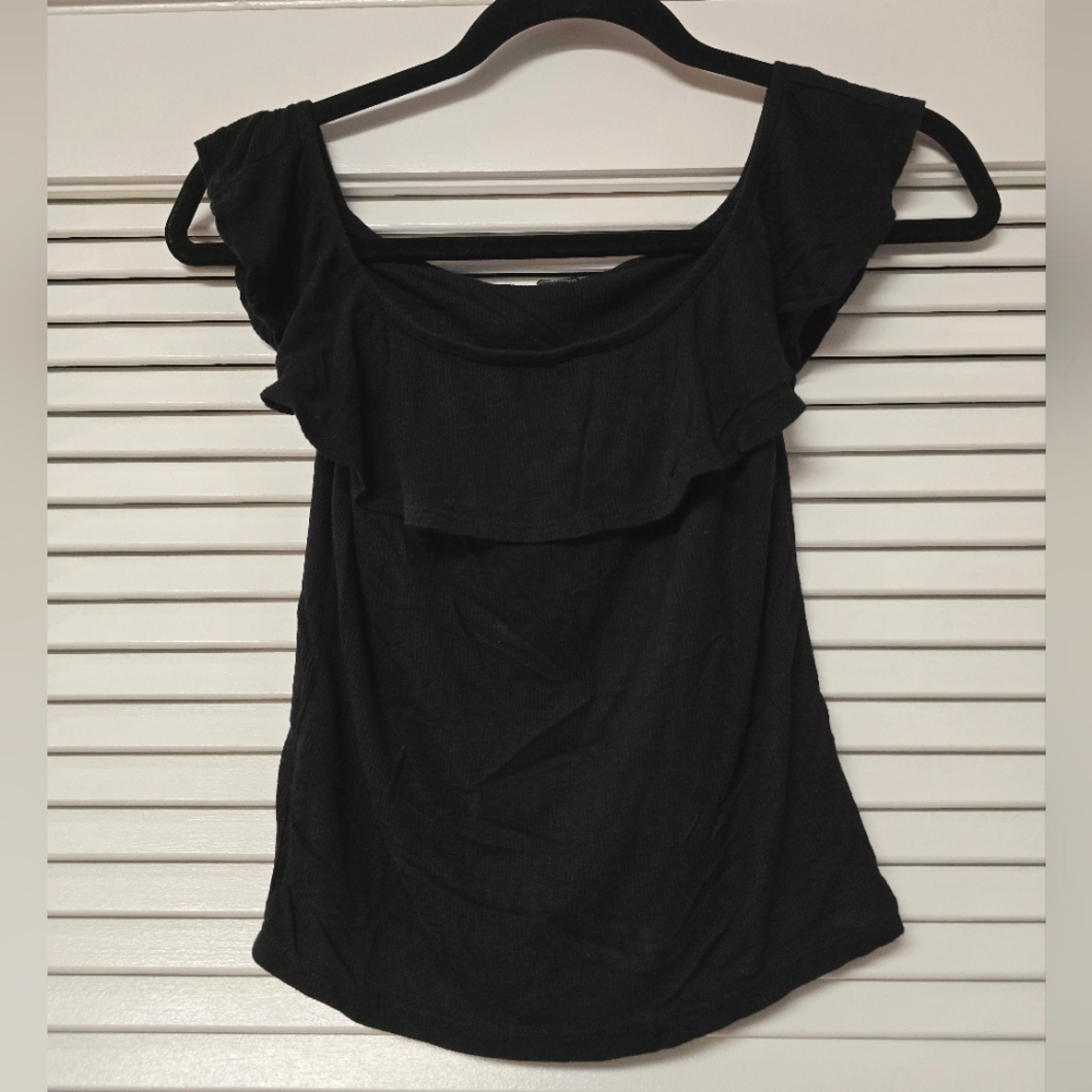 Ambiance - Black Ruffle Sleeveless Off-Shoulder Ribbed Top